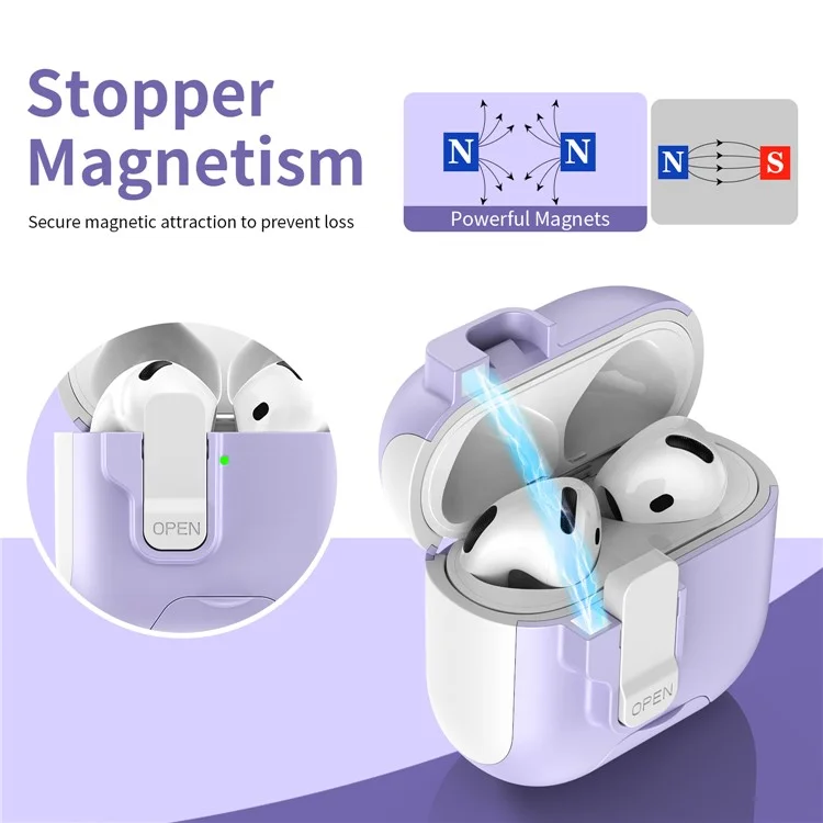 For AirPods 4 Protective Case Splicing Color Earphone Cover with Auto Pop-Up Magnetic Lid  /  Lanyard - White  /  Purple