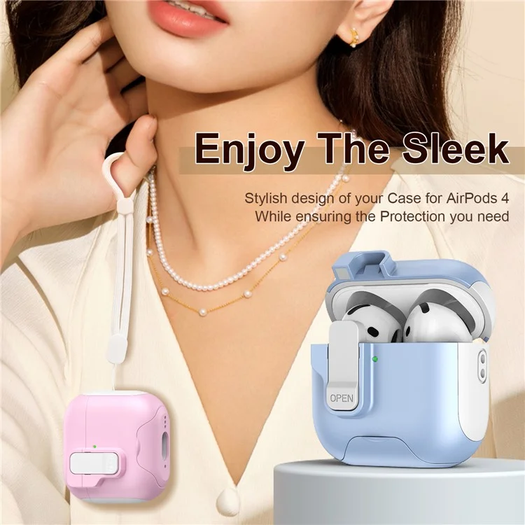 For AirPods 4 Protective Case Splicing Color Earphone Cover with Auto Pop-Up Magnetic Lid  /  Lanyard - White  /  Purple