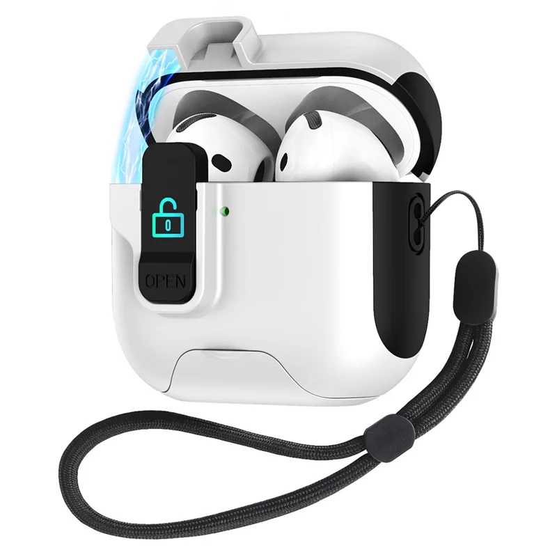 For AirPods 4 Protective Case Splicing Color Earphone Cover with Auto Pop-Up Magnetic Lid  /  Lanyard - Black  /  White