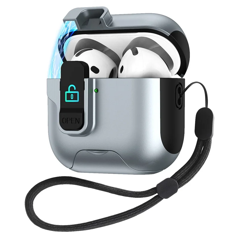 For AirPods 4 Protective Case Splicing Color Earphone Cover with Auto Pop-Up Magnetic Lid  /  Lanyard - Grey