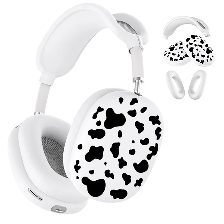 3Pcs  /  Set For AirPods Max Silicone Protective Case Cow Pattern Earmuff Sleeve Headband Cover Ear Cushion Cover - Black