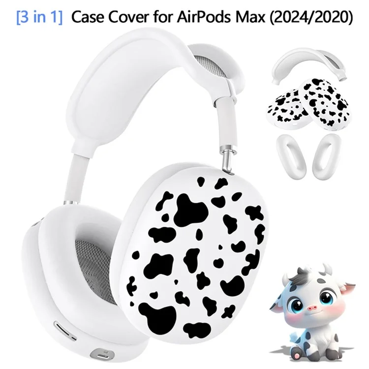 3Pcs  /  Set For AirPods Max Silicone Protective Case Cow Pattern Earmuff Sleeve Headband Cover Ear Cushion Cover - Black