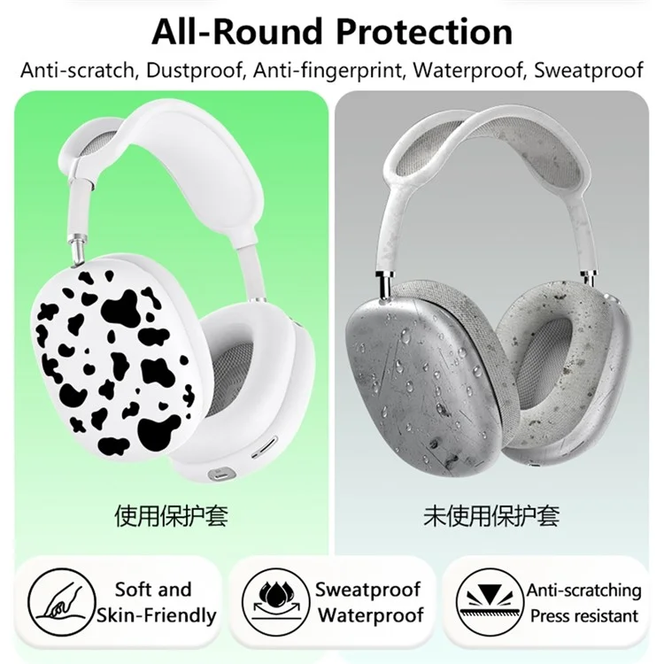 3Pcs  /  Set For AirPods Max Silicone Protective Case Cow Pattern Earmuff Sleeve Headband Cover Ear Cushion Cover - Black
