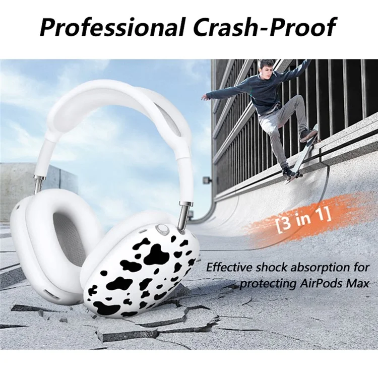 3Pcs  /  Set For AirPods Max Silicone Protective Case Cow Pattern Earmuff Sleeve Headband Cover Ear Cushion Cover - Black