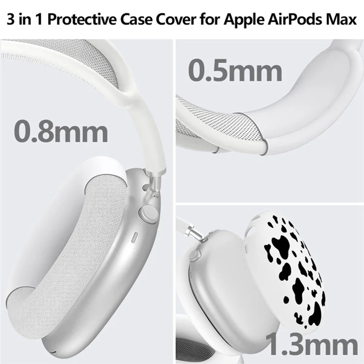3Pcs  /  Set For AirPods Max Silicone Protective Case Cow Pattern Earmuff Sleeve Headband Cover Ear Cushion Cover - Black