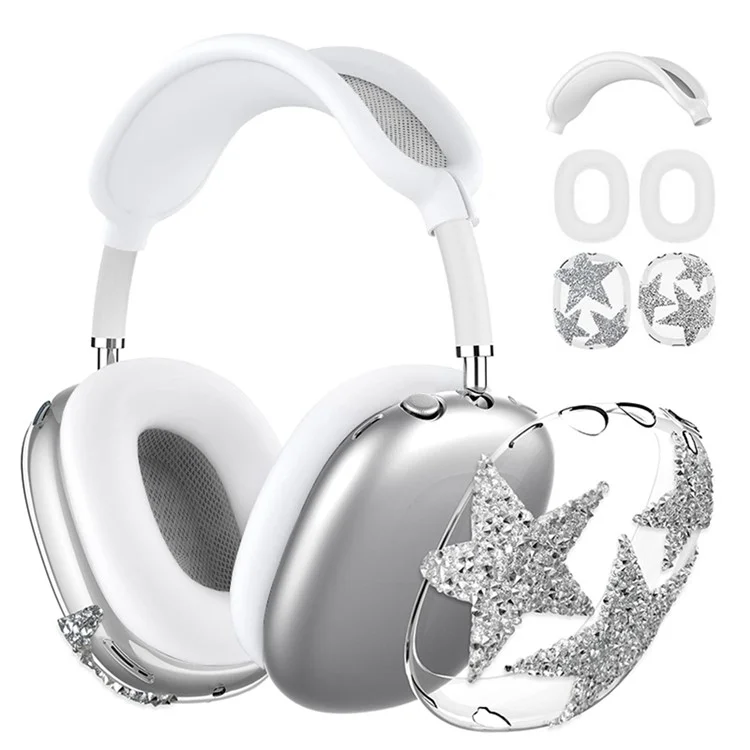3Pcs  /  Set For AirPods Max Silicone Protective Case Glitter Star Design Earmuff Sleeve Headband Cover Ear Cushion Cover