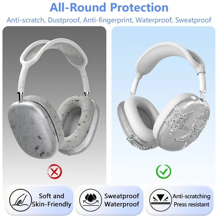 3Pcs  /  Set For AirPods Max Silicone Protective Case Glitter Star Design Earmuff Sleeve Headband Cover Ear Cushion Cover