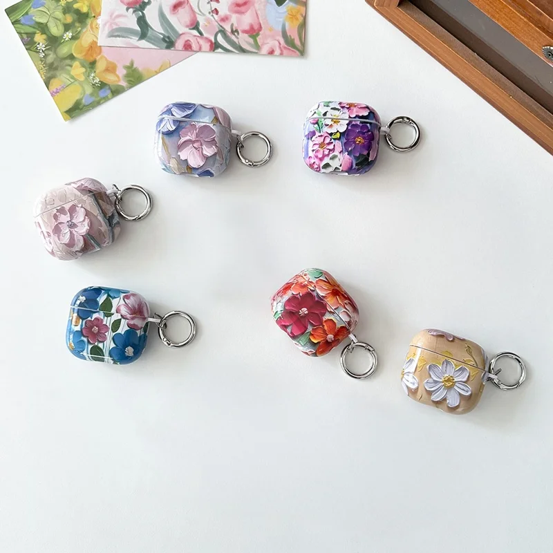 For Apple AirPods 3 TPU Case Oil Painting Design Water Transfer Decal Earphone Protective Cover with Carabiner - YH01