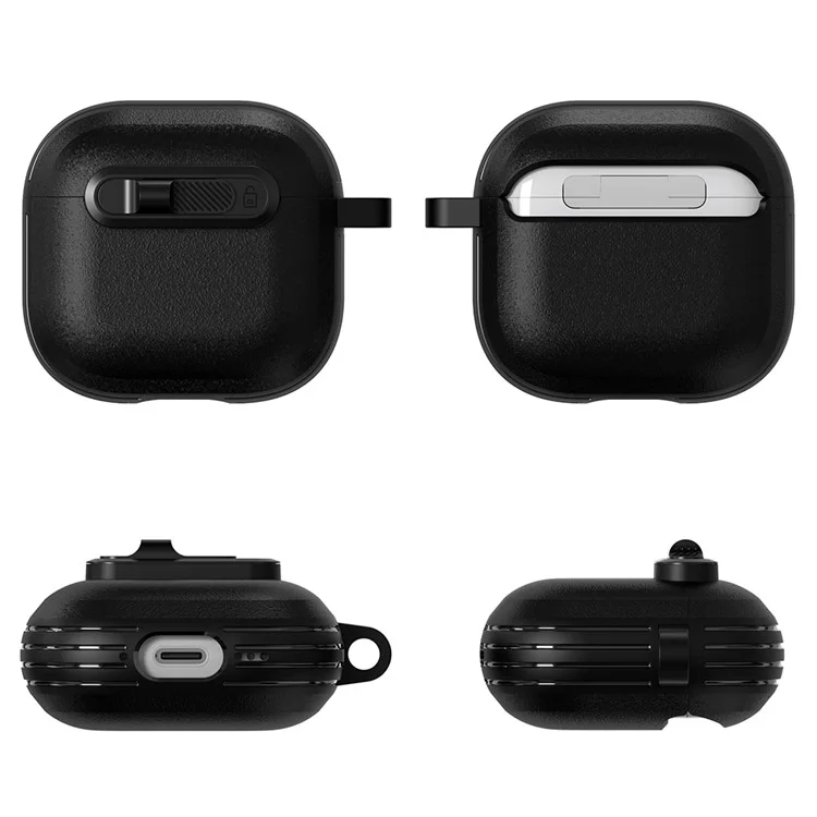 For AirPods 4 Protective Case Lock Buckle Switch TPU + PC Wireless Earphones Cover with Carabiner - Black