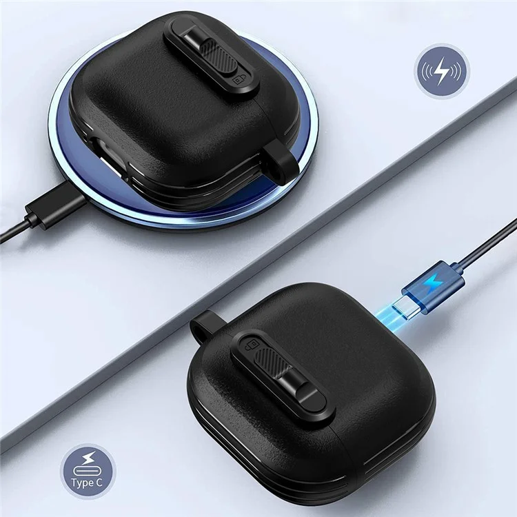 For AirPods 4 Protective Case Lock Buckle Switch TPU + PC Wireless Earphones Cover with Carabiner - Black
