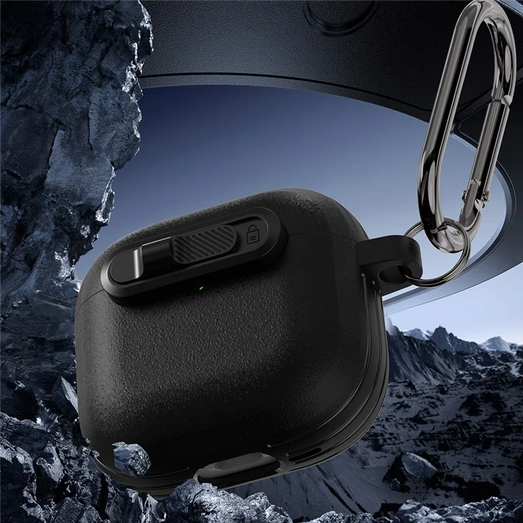For AirPods 4 Protective Case Lock Buckle Switch TPU + PC Wireless Earphones Cover with Carabiner - Black