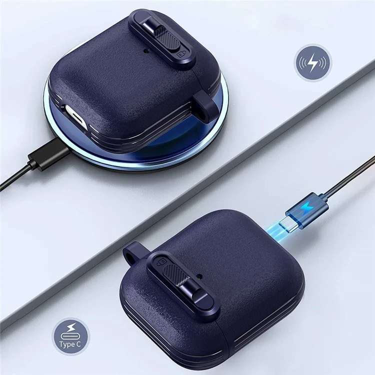 Capa para Apple AirPods com Estojo de Carregamento Sem Fio (2019) / AirPods com Estojo de Carregamento (2019) / Fones de Ouvido (2016) com Mosquetão - Azul Escuro