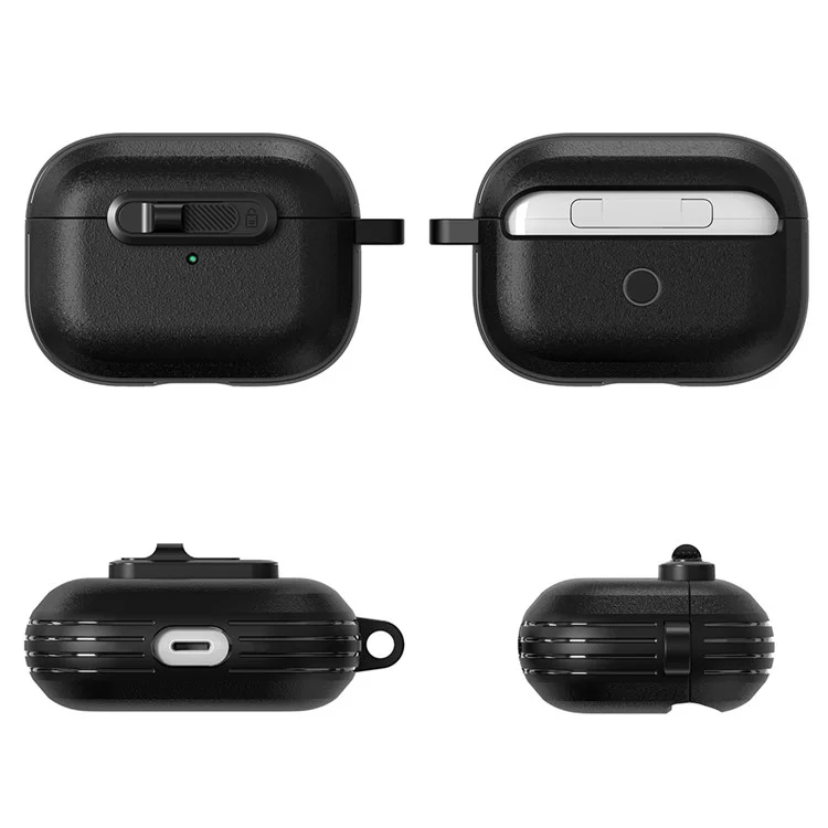 For Apple AirPods Pro Protective Case Lock Buckle Switch TPU + PC Wireless Earphones Cover with Carabiner - Black