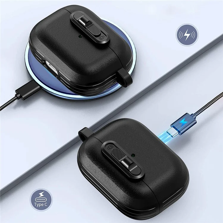 For Apple AirPods Pro Protective Case Lock Buckle Switch TPU + PC Wireless Earphones Cover with Carabiner - Black