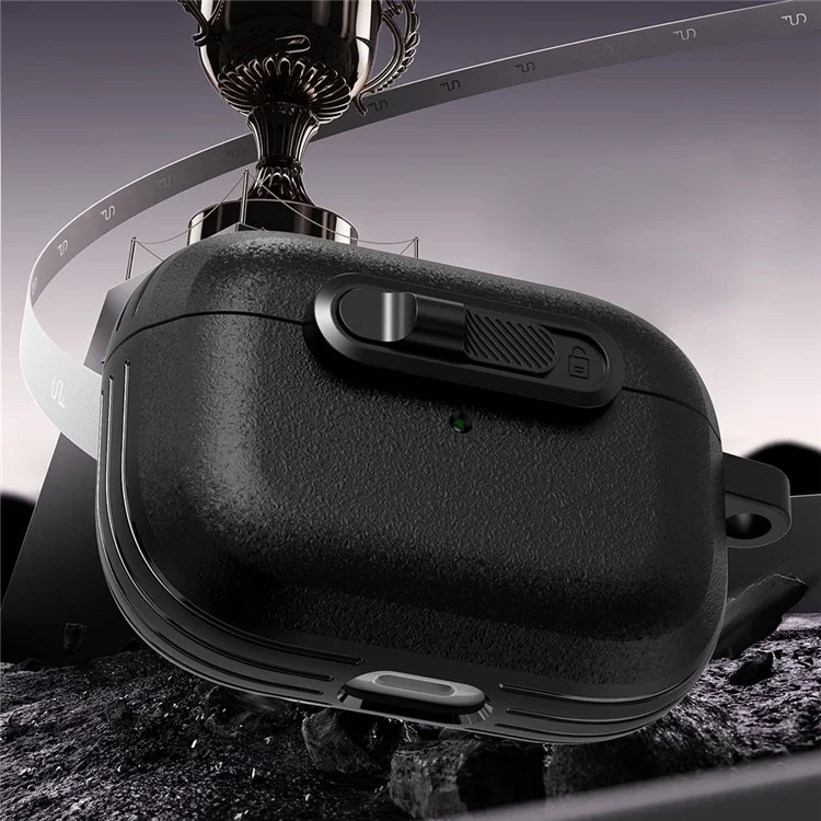 For Apple AirPods Pro Protective Case Lock Buckle Switch TPU + PC Wireless Earphones Cover with Carabiner - Black