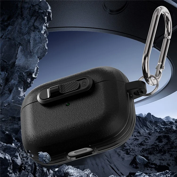 For Apple AirPods Pro Protective Case Lock Buckle Switch TPU + PC Wireless Earphones Cover with Carabiner - Black