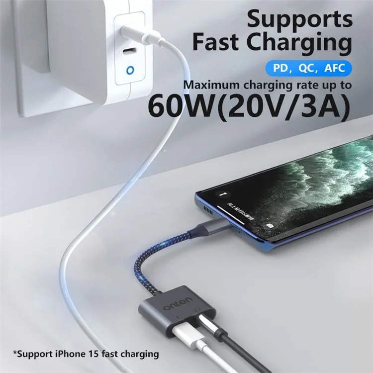 ONTEN OTN-288 USB-C auf 3,5mm + USB-C Lade-Kopfhörer-Adapter Audio-Konverter