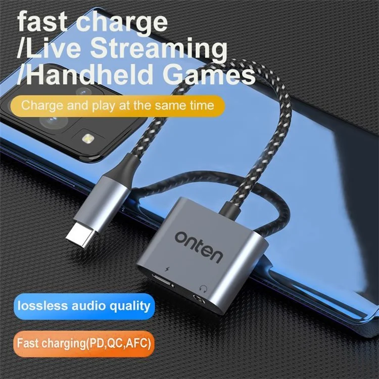 ONTEN OTN-288 USB-C auf 3,5mm + USB-C Lade-Kopfhörer-Adapter Audio-Konverter