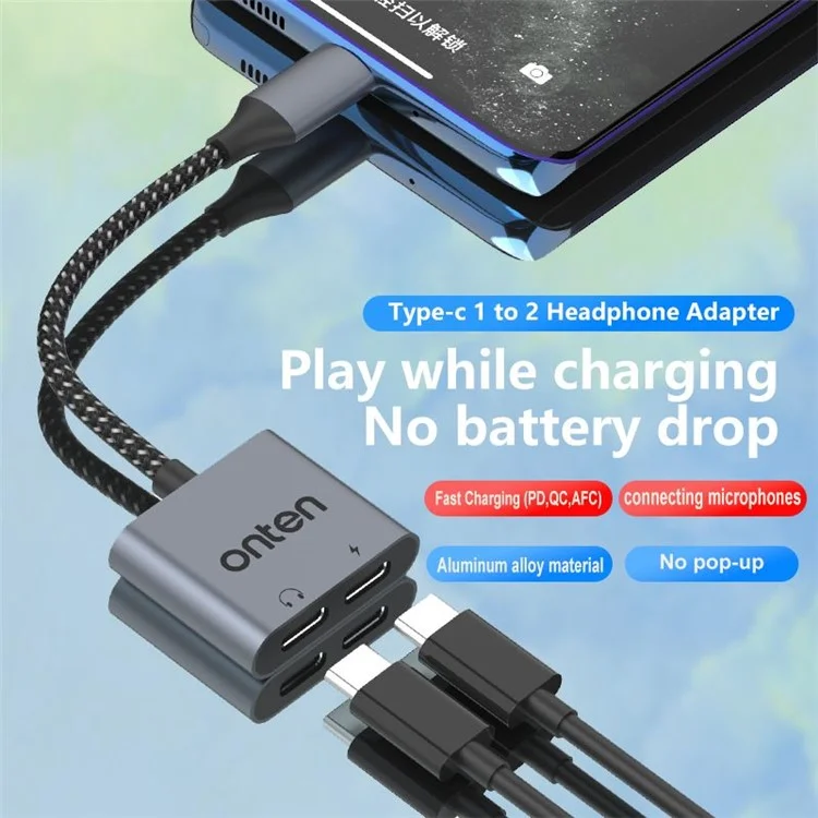 ONTEN OTN-290 USB-C zu USB-C Digital Audio + USB-C Ladegerät-Adapter aus Aluminium
