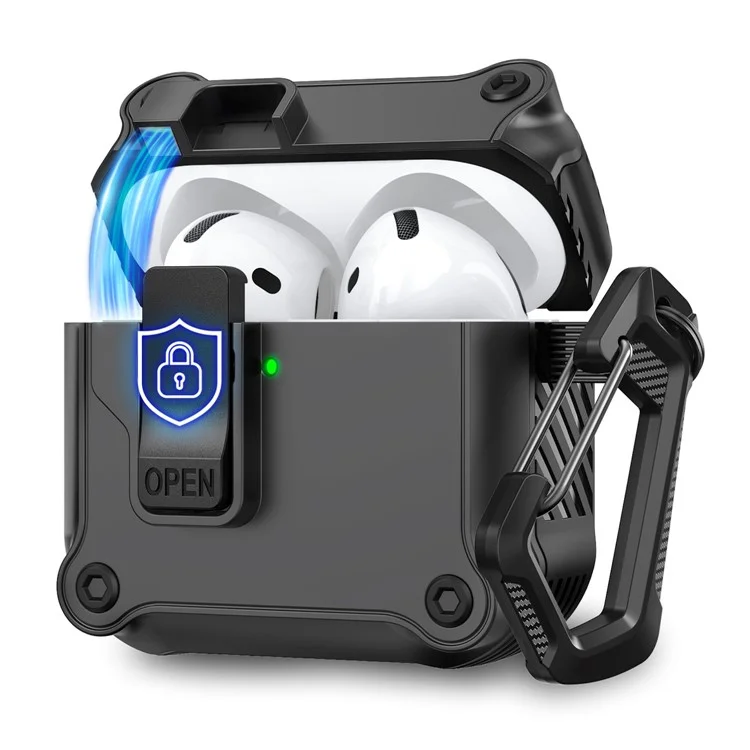 AHASTYLE WG167 Étui de protection pour AirPods 4 avec bouton de verrouillage de sécurité intégré et mousqueton - Noir