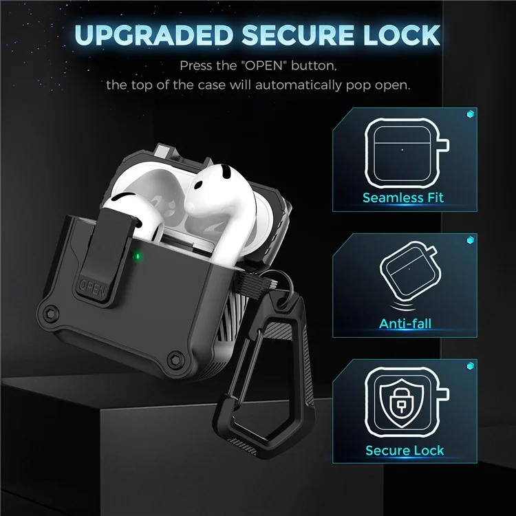 AHASTYLE WG167 Étui de protection pour AirPods 4 avec bouton de verrouillage de sécurité intégré et mousqueton - Noir