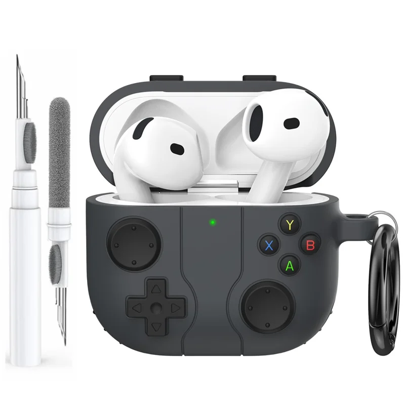 AHASTYLE WG166 For AirPods 4 Protective Case Game Console Design Silicone Earphone Cover with Carabiner - Dark Grey