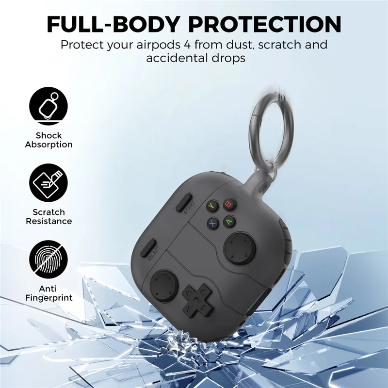 AHASTYLE WG166 For AirPods 4 Protective Case Game Console Design Silicone Earphone Cover with Carabiner - Dark Grey