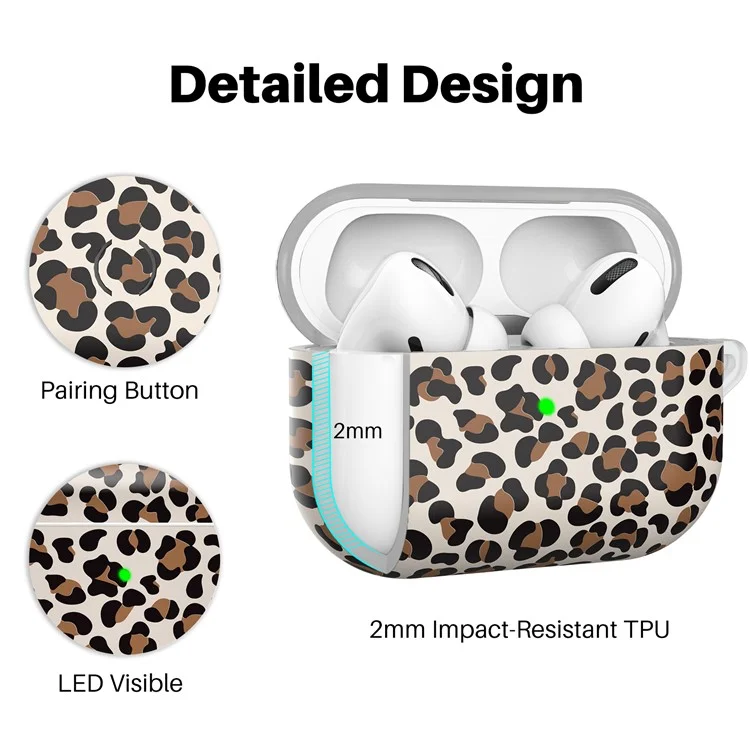 AHASTYLE PT-LC142LD для AirPods Pro 2 Чехол с IMD леопардовым принтом из ТПУ с карабином - Коричневый