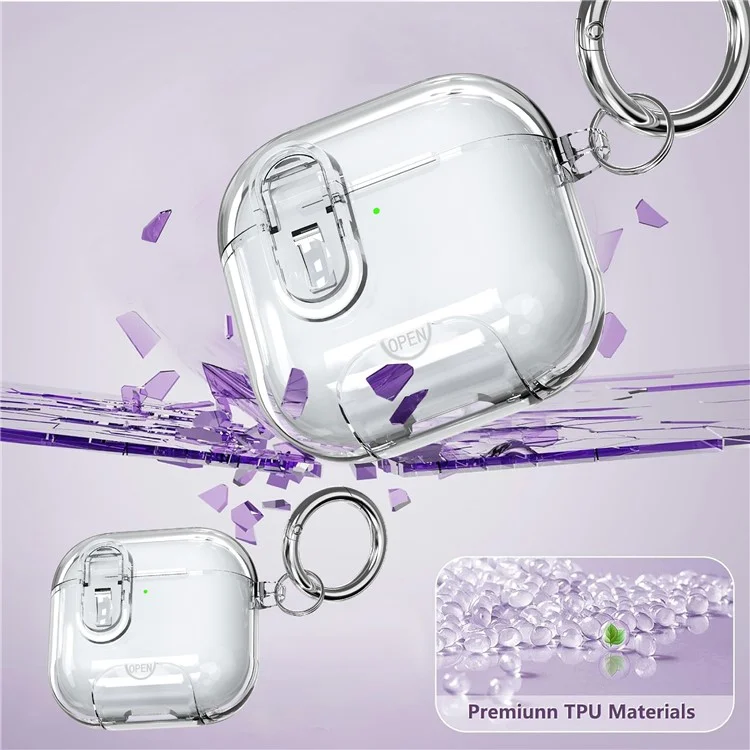Funda para AirPods 4 de TPU + PC Antigolpes con Interruptor / Soporte / Gancho de Transporte - Transparente