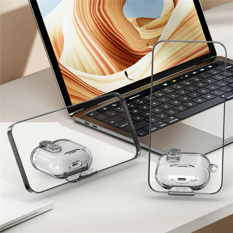 For AirPods 5 / 4 Case TPU + PC Shockproof Earbuds Cover with Switch  /  Stand  /  Carrying Hook - Transparent Grey