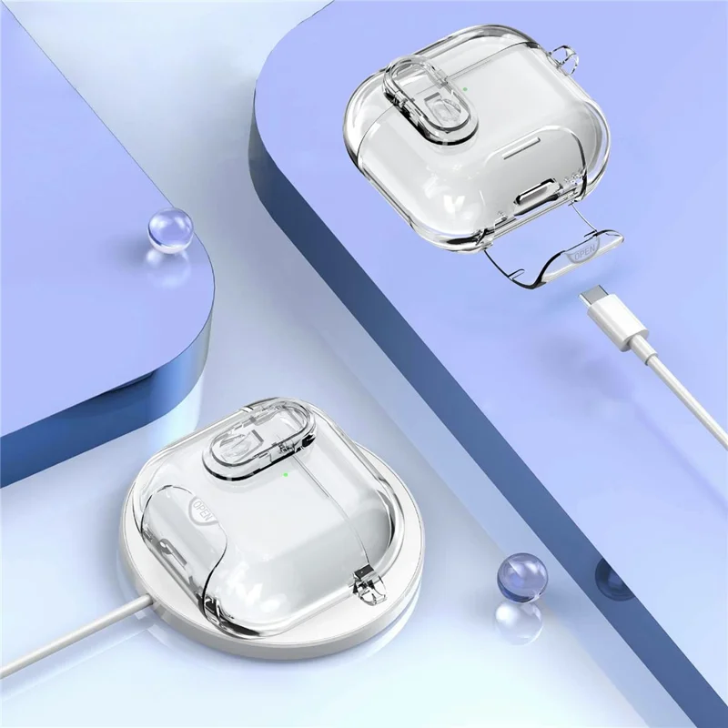 For AirPods 5 / 4 Case TPU + PC Shockproof Earbuds Cover with Switch  /  Stand  /  Carrying Hook - Transparent Grey