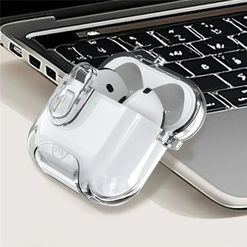 For AirPods 5 / 4 Case TPU + PC Shockproof Earbuds Cover with Switch  /  Stand  /  Carrying Hook - Transparent Grey