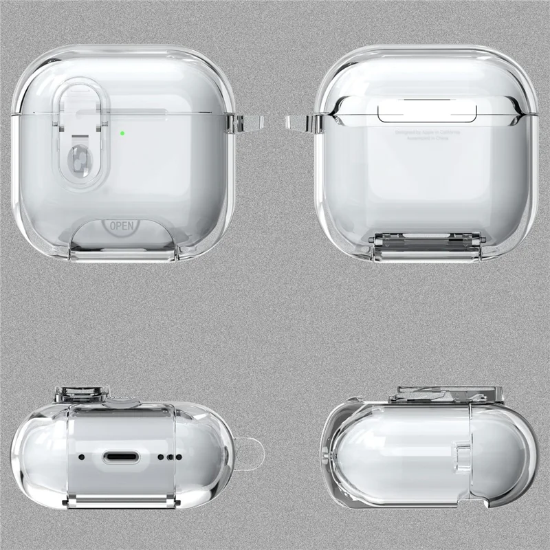 For AirPods 5 / 4 Case TPU + PC Shockproof Earbuds Cover with Switch  /  Stand  /  Carrying Hook - Transparent Grey