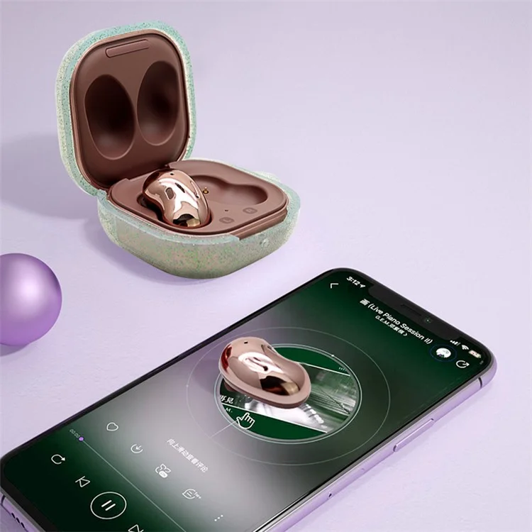 Transparent Glitter Bluetooth-compatible Earphone Silicone Protective Case Cover with Buckle for Samsung Galaxy Buds Live - Glitter Gold