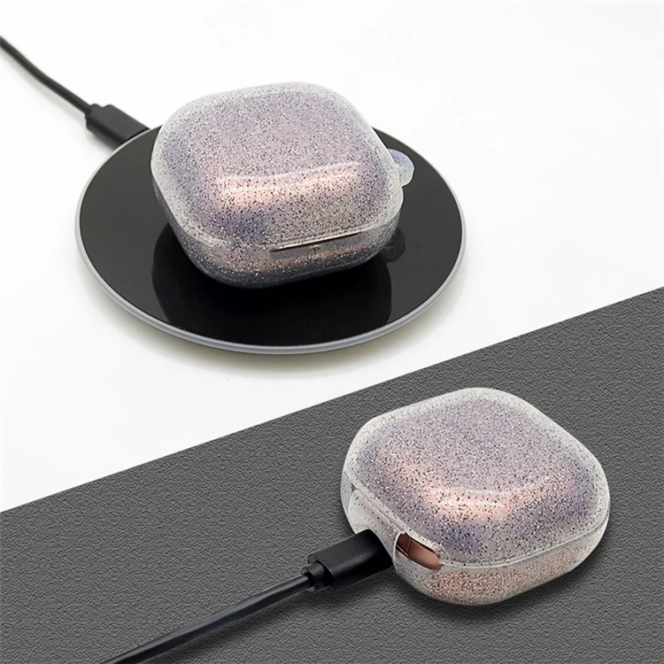 Transparent Glitter Bluetooth-compatible Earphone Silicone Protective Case Cover with Buckle for Samsung Galaxy Buds Live - Glitter Gold