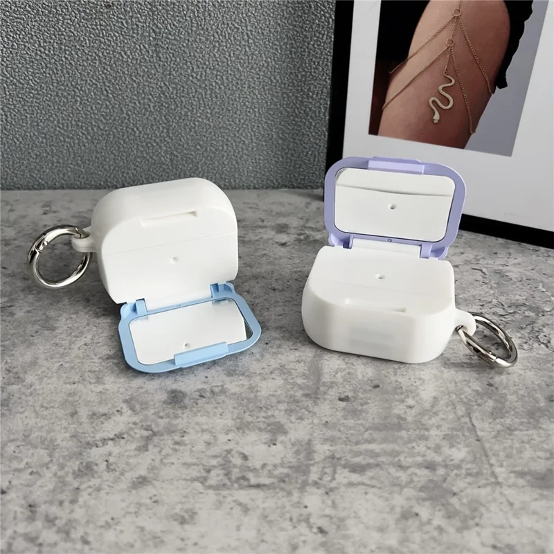 For Apple AirPods 3 Earphone Case TPU PC Shockproof Protective Cover with Mirror - White+Blue