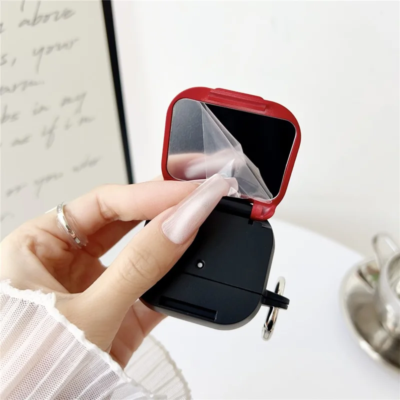 For Apple AirPods 4 Earphone Case TPU PC Shockproof Protective Cover with Mirror - Black+Red