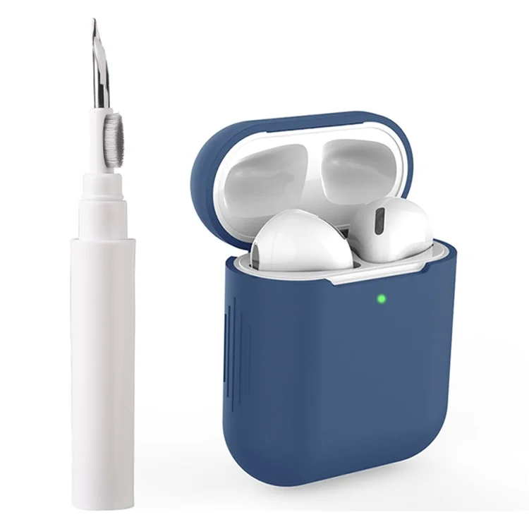 For Apple AirPods with Wireless Charging Case (2019)  /  AirPods with Charging Case (2019)  /  (2016) Silicone Case with Cleaning Pen - Midnight Blue