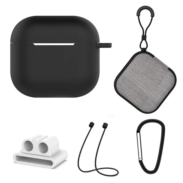 5 Pezzi / Set per AirPods 4 Kit Cover in Silicone Morbido con Portachiavi / Supporto per Auricolari / Cinturino Collo Anti-Smarrimento / Custodia di Stoccaggio - Nero