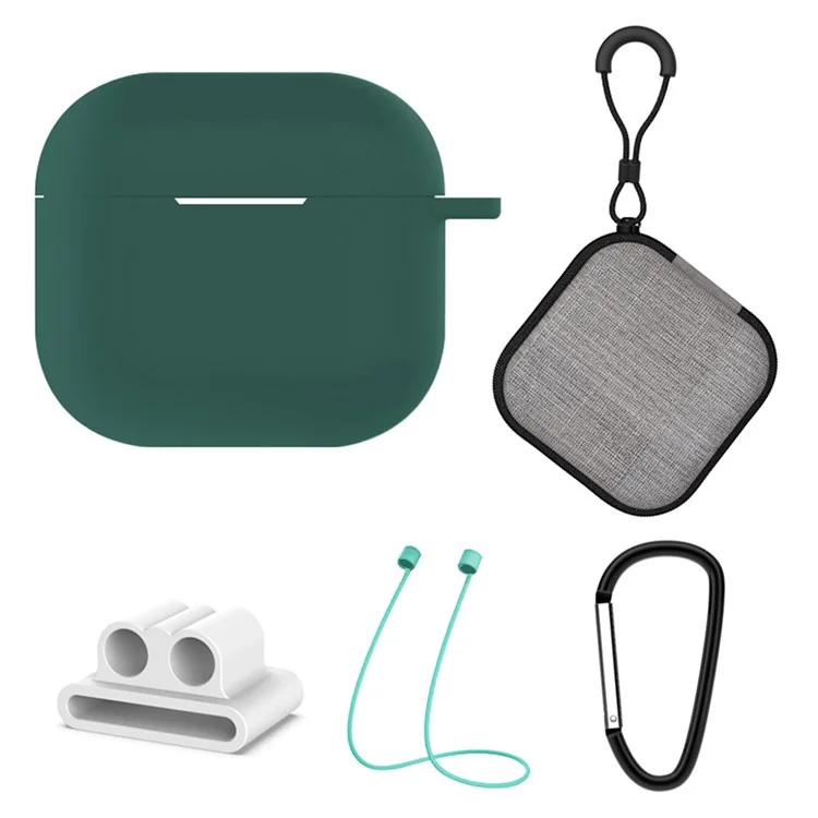 5Pcs  /  Set For AirPods 4 Soft Silicone Case Kit with Keychain  /  Earphone Holder  /  Anti-lost Neck Strap  /  Storage Case - Blackish Green