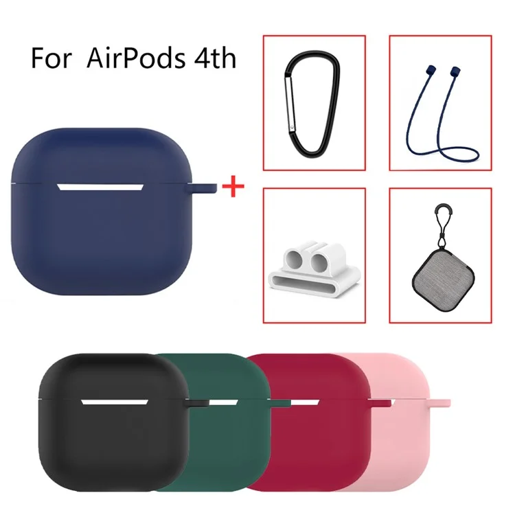 5Pcs  /  Set For AirPods 4 Soft Silicone Case Kit with Keychain  /  Earphone Holder  /  Anti-lost Neck Strap  /  Storage Case - Blackish Green