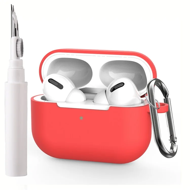 For Apple AirPods Pro Silicone Case Earphone Cover with Cleaning Pen and Hook - Red