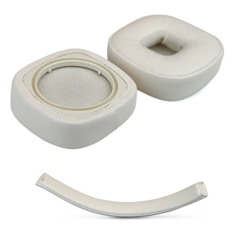 Coussinets d'oreille de remplacement en cuir protéique pour casques Marshall Major V + Housse de bandeau - Blanc
