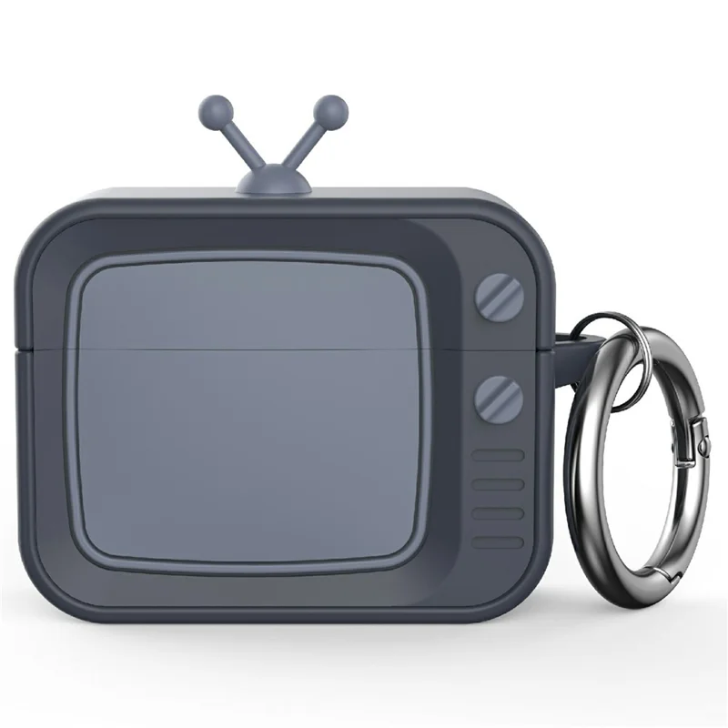 For AirPods Pro 2 Silicone Case Retro TV Design Shockproof Earbuds Cover with Carabiner - Dark Grey