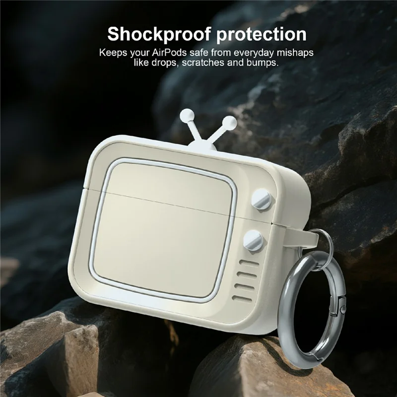 For AirPods Pro 2 Silicone Case Retro TV Design Shockproof Earbuds Cover with Carabiner - Dark Grey