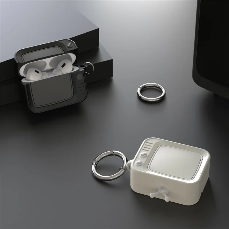 For AirPods Pro 2 Silicone Case Retro TV Design Shockproof Earbuds Cover with Carabiner - Dark Grey