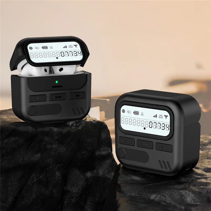 For AirPods 4 Case Retro Design TPU + PC Wireless Earbuds Protective Cover with Lanyard - Black