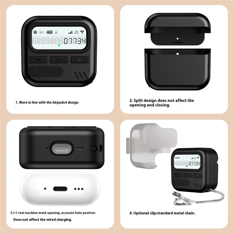 For AirPods 4 Case Retro Design TPU + PC Wireless Earbuds Protective Cover with Lanyard - Black