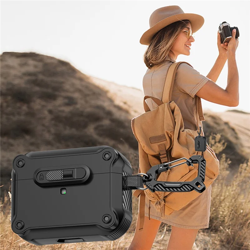 For Apple AirPods Pro Case TPU + PC Earphone Cover with Front Lock Carabiner Clip - Black