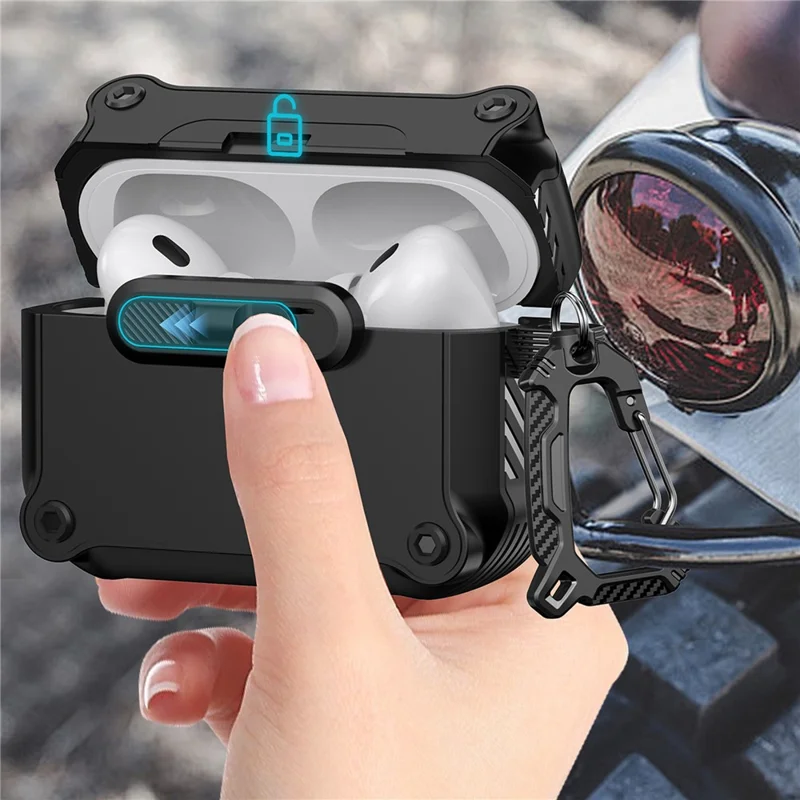 Чехол для AirPods Pro 2 из TPU + PC с карабином и передним замком - Черный